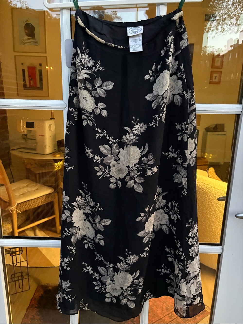 Laura Ashley Silk Black Floral Midi Skirt